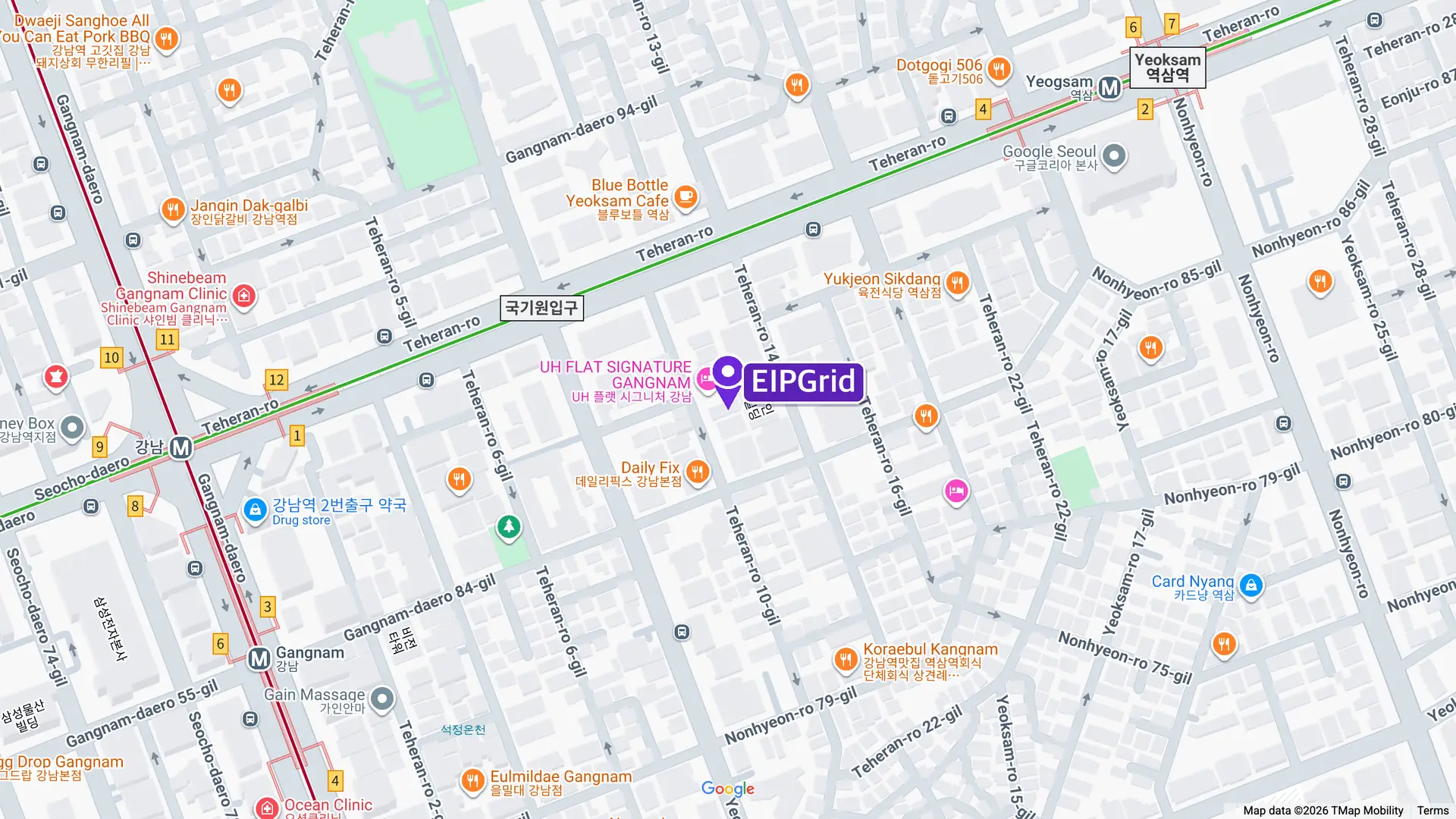 Map: EIPGrid office at 15 Teheran-ro 10-gil, between Gangnam and Yeoksam stations
